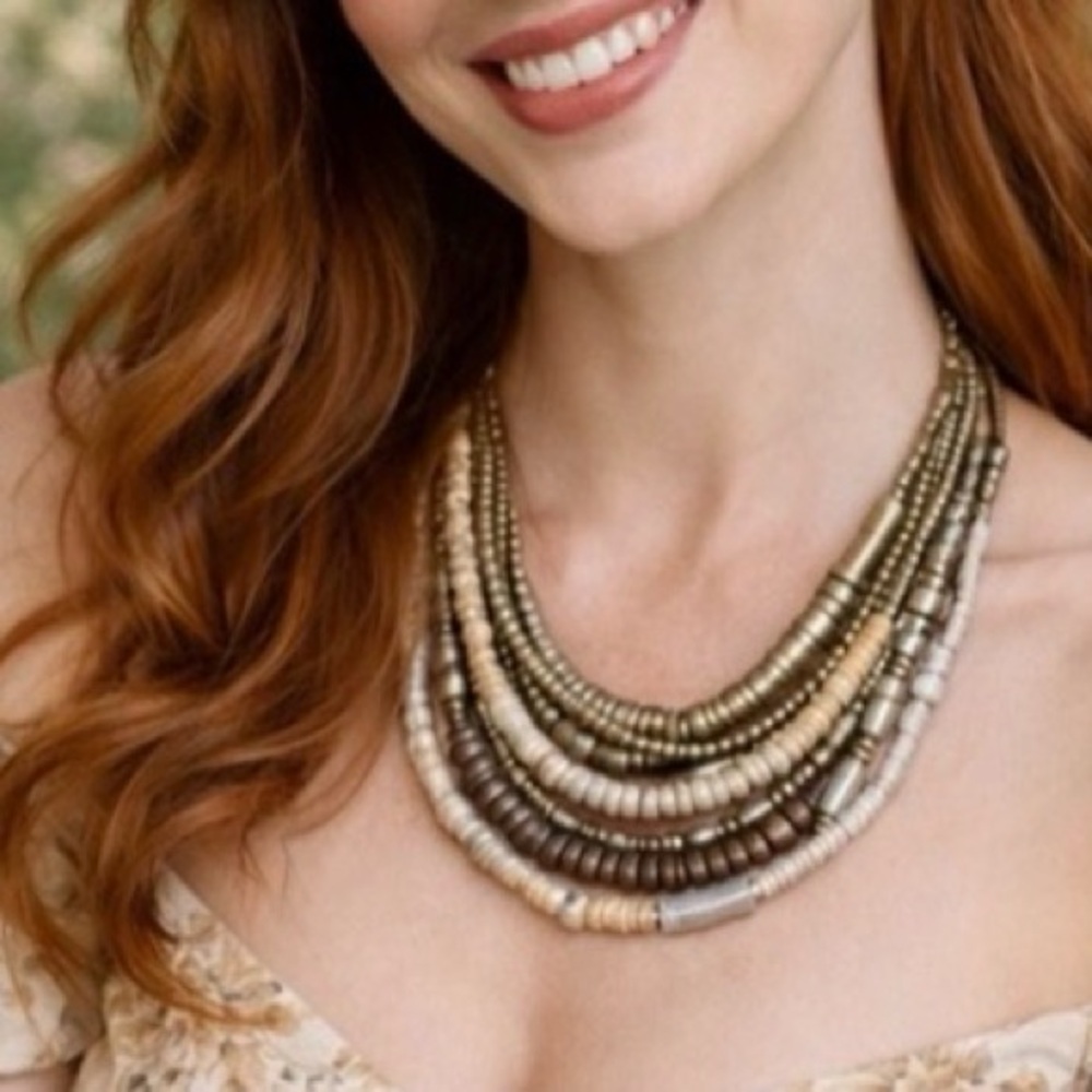 Chico's Elegant Cream and Brown Beaded Necklace